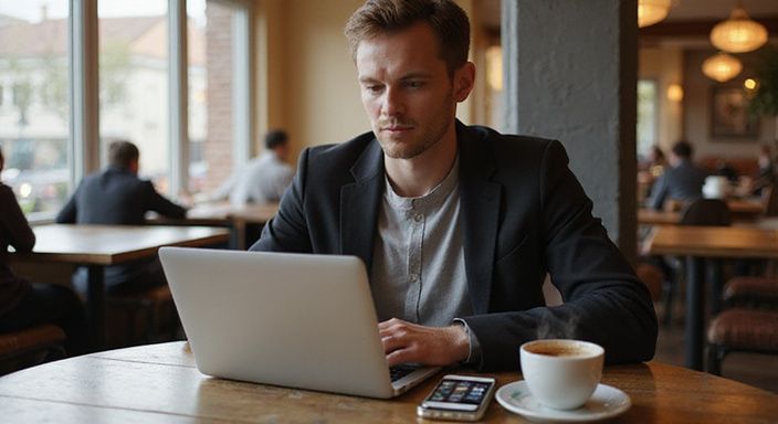 Ein junger Erwachsener arbeitet konzentriert an einem Laptop im Café und suche sextreffen in Schwyz und Zug.