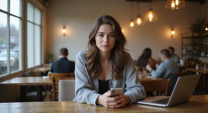 Eine Frau in einem Café, fokussiert auf Smartphone und Laptop und suche sextreffen in Schwyz und Zug.