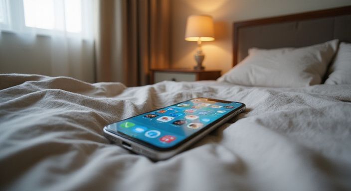 Ein Smartphone mit einer Dating-App für sextreffen in Schwyz und Zug auf rumpligen Bettlaken.