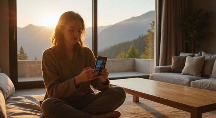 Eine nachdenkliche Frau betrachtet eine Dating-App auf ihrem Smartphone. Eine nachdenkliche Frau betrachtet eine Dating-App auf ihrem Smartphone.