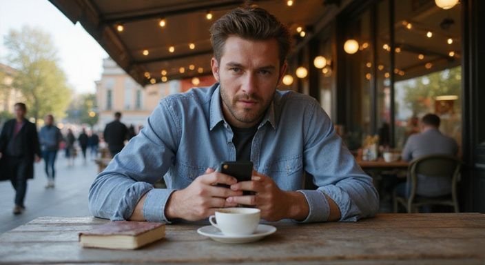 Eine Person führt ein konzentriertes Videoanruf-Gespräch in einem Café. Eine Person führt ein konzentriertes Videoanruf-Gespräch in einem Café.