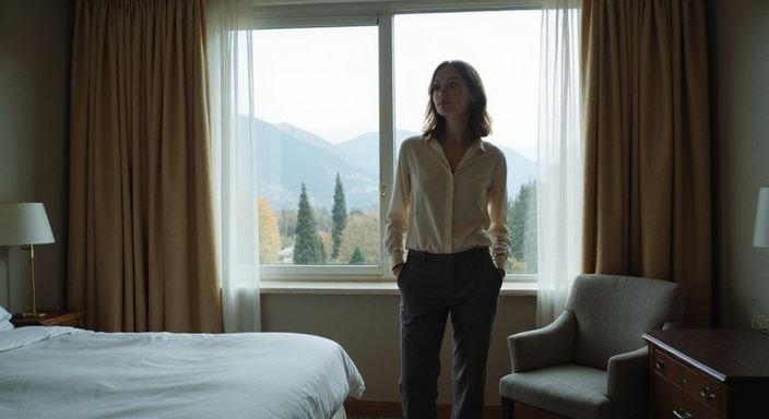 Eine Frau steht entspannt am Fenster eines modernen Hotelzimmers. Eine Frau steht entspannt am Fenster eines modernen Hotelzimmers.