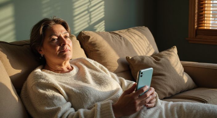 Eine Frau mittleren Alters sitzt entspannt auf einem Sofa. Eine Frau mittleren Alters sitzt entspannt auf einem Sofa.