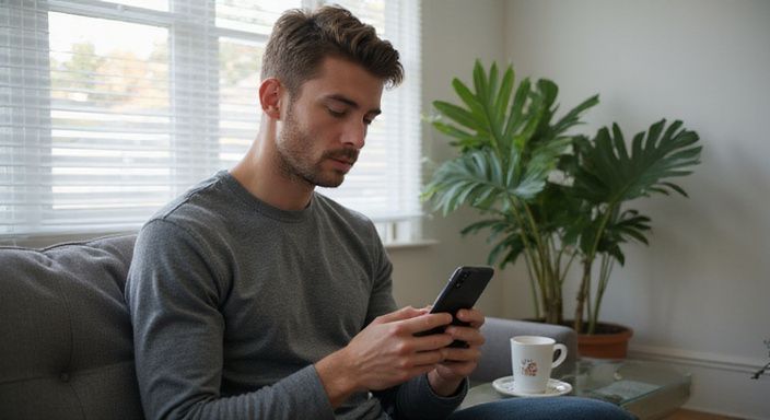 Ein Mann sitzt entspannt auf einem Sofa und nutzt sein Smartphone. Ein Mann sitzt entspannt auf einem Sofa und nutzt sein Smartphone.