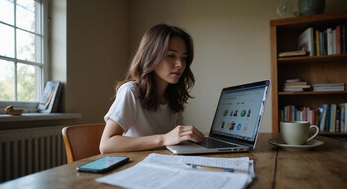 Eine Frau überprüft konzentriert Dating-App-Profile an ihrem Laptop. Eine Frau überprüft konzentriert Dating-App für sextreffen Uri an ihrem Laptop.