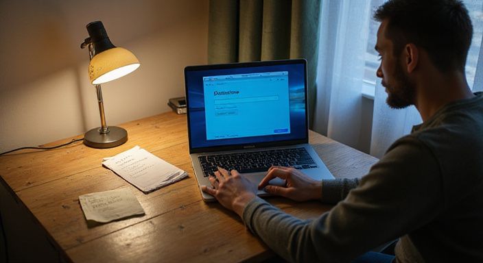 Ein realistisches Homeoffice mit einem MacBook und Sicherheitsnotizen. Ein realistisches Homeoffice mit einem MacBook und Sicherheitsnotizen.