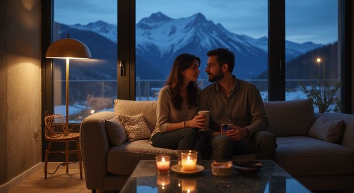 Zwei Menschen entspannen auf einem Sofa in einer modernen Wohnung. Zwei Menschen entspannen auf einem Sofa in einer modernen Wohnung.