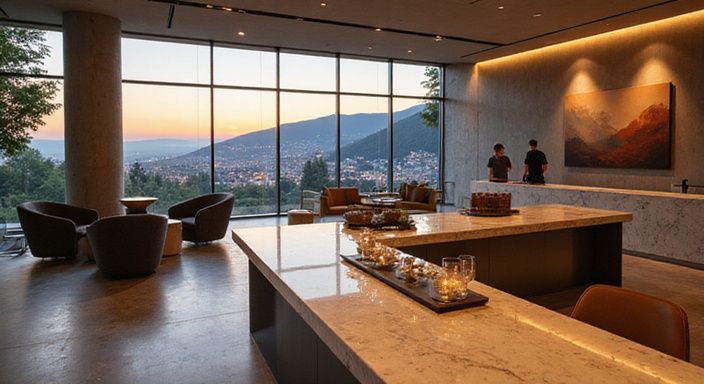 Luxuriöse Hotellobby mit modernem Design und Blick auf Lausanne.