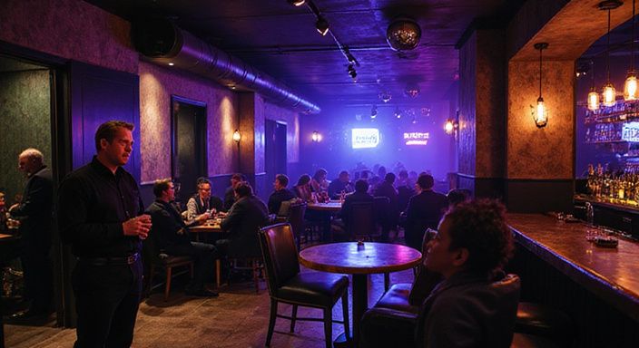 Elegante Untergrundnachtclub-Atmosphäre mit stilvollen Gästen und professionellem Personal.