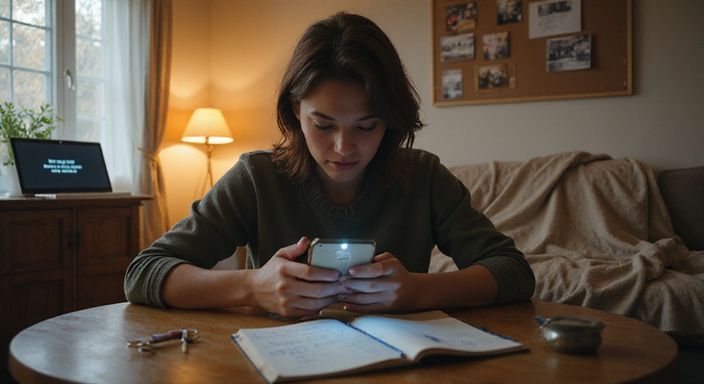 Eine Person in Gedanken über eine Dating-App für sextreffen Winterthur, Notizen nebenan.