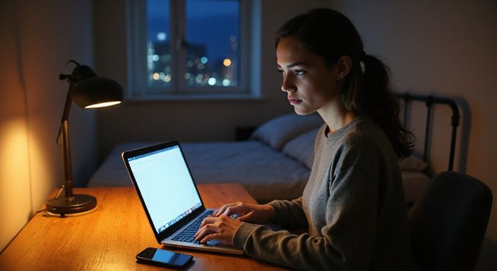 Eine Frau arbeitet konzentriert an ihrem Laptop in ihrem Schlafzimmer.