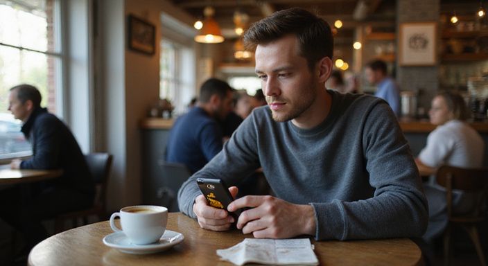 Eine konzentrierte Person betrachtet eine GPS-App in einem Café.