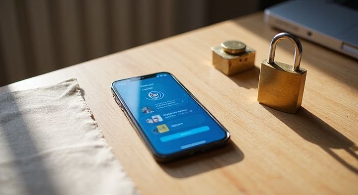 Ein Smartphone zeigt eine Dating-App mit Sicherheitsmerkmalen und Metallobjekten daneben. Ein Smartphone zeigt eine Dating-App mit Sicherheitsmerkmalen und Metallobjekten daneben.