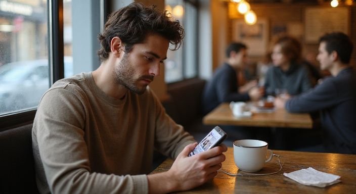 Eine Person nutzt konzentriert eine Dating-App in einem Café. Eine Person nutzt konzentriert eine Dating-App für sichere zuverlässige Sexdates in einem Café.