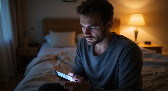 Ein Mann sitzt nachdenklich mit seinem Smartphone auf dem Bett. Ein Mann sitzt nachdenklich mit seinem Smartphone auf dem Bett und wollen sichere zuverlässige Sexdates finden.