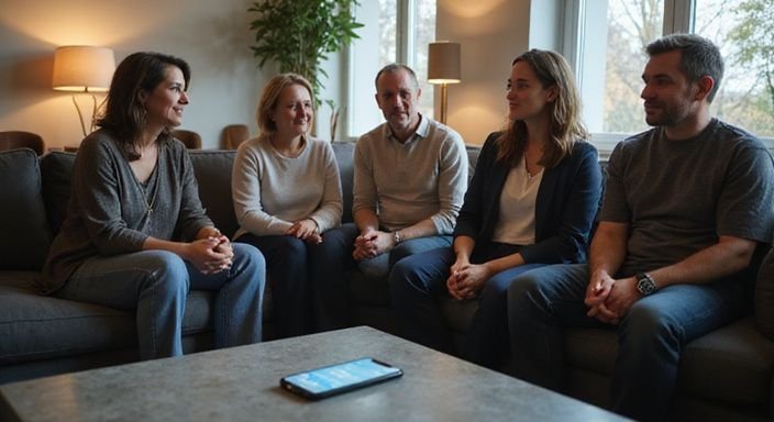 Eine Gruppe von Erwachsenen genießt einen entspannten Moment in einem Lounge-Bereich. Eine Gruppe von Erwachsenen genießt einen entspannten Moment in einem Lounge-Bereich.