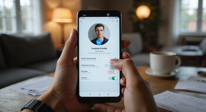 Smartphone zeigt authentifizierte Dating-App mit Benutzerprofil und Sicherheitsoptionen. Smartphone zeigt authentifizierte Dating-App mit Benutzerprofil und Sicherheitsoptionen.