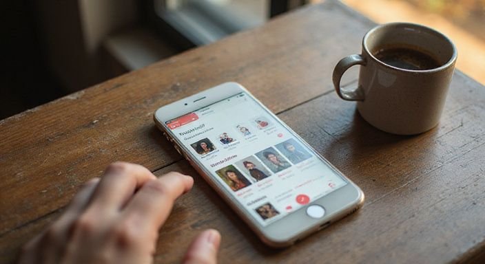 Ein Smartphone mit Tinder-Profilen auf einem verwitterten Holztisch. Ein Smartphone mit Tinder-Profilen auf einem verwitterten Holztisch.
