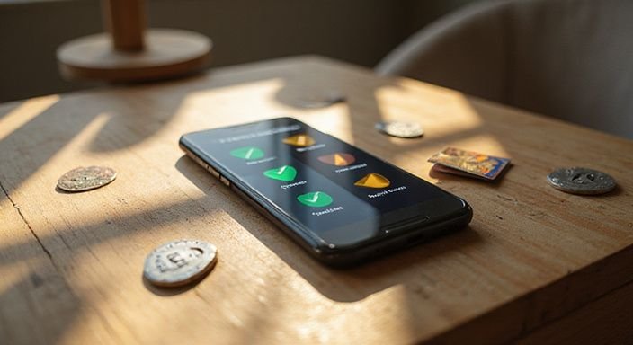 Ein Smartphone zeigt ein Dating-App-Interface auf einem Holztisch. Ein Smartphone zeigt ein Dating-App für sichere zuverlässige Sexdates auf einem Holztisch.