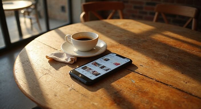 Ein Smartphone und eine Kaffeetasse auf einem Holztisch. Ein Smartphone und eine Kaffeetasse auf einem Holztisch.
