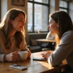 Zwei Erwachsene sitzen entspannt in einem Café und unterhalten sich