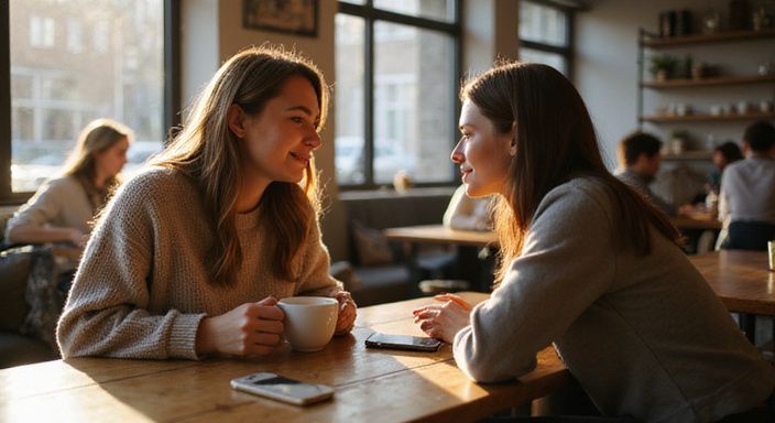 Zwei Erwachsene sitzen entspannt in einem Café und unterhalten sich über Sexdates in meiner Region