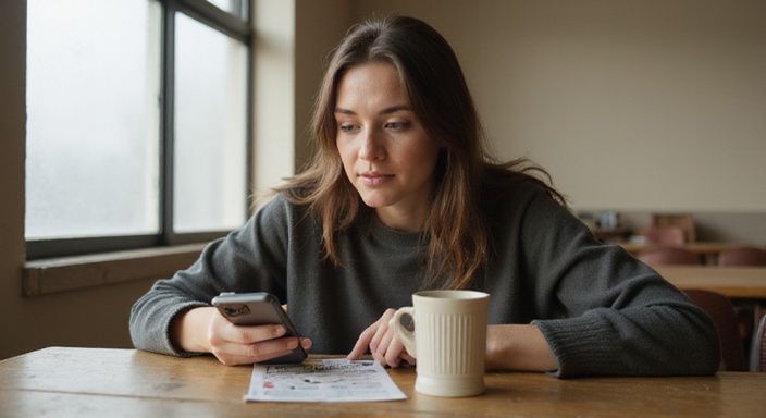 Eine nachdenkliche Frau betrachtet eine Dating-App für Sexdates in meiner Region an einem Holztisch.