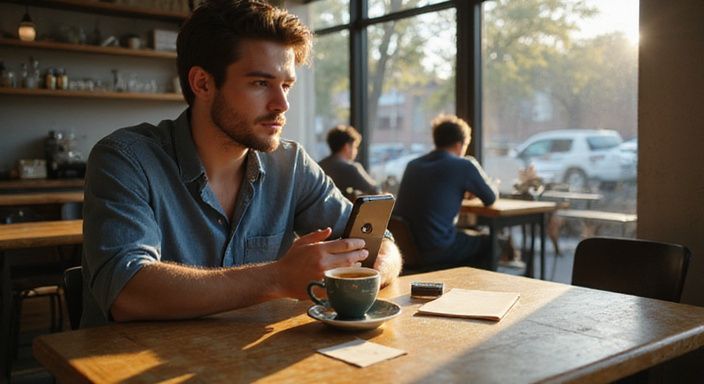 Ein nachdenklicher junger Erwachsener sitzt in einem gemütlichen Café.