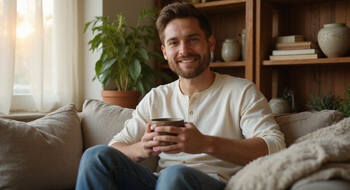 Junger Mensch mit entspannter Ausstrahlung, hält eine dampfende Tasse.