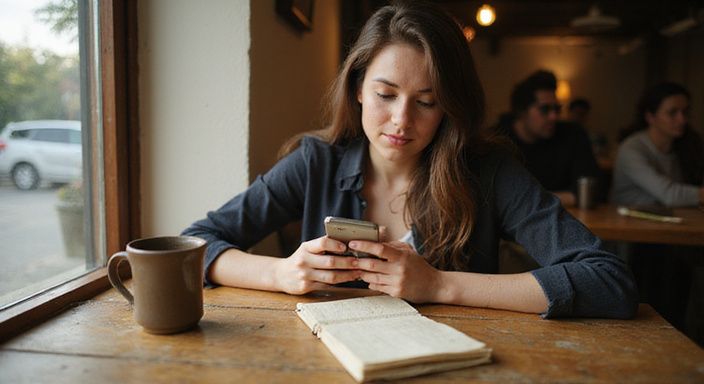Eine Frau in einem Café nutzt konzentriert eine Dating-App für Sexdates in meiner Region.