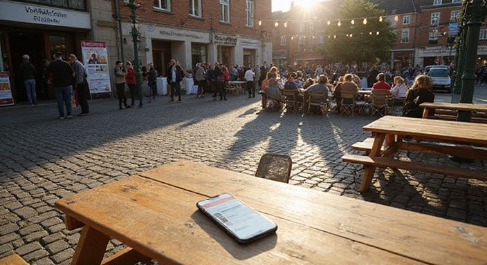Gemeinschaftsveranstaltung mit Ständen, Tischen und informellen Gesprächen im Freien.