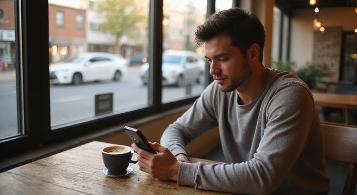 Eine Person scrollt konzentriert durch eine Dating-App für Sexdates in meiner Region in einem Café.