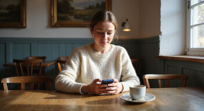 Eine konzentrierte Frau sitzt in einem Café und schaut auf ihr Smartphone.