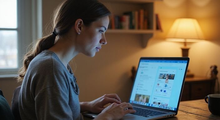 Eine nachdenkliche Frau nutzt eine Dating-App an ihrem Laptop.