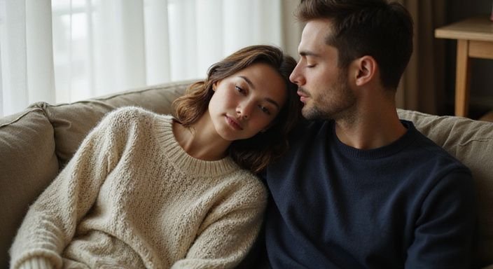 Eine Frau und ein Mann sitzen nahe beieinander auf einer Couch. Heimlich flirten