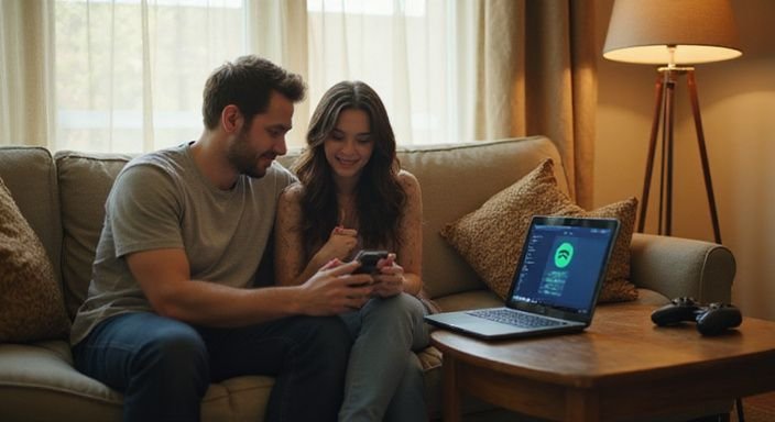 Zwei Personen lachen zusammen gemütlich auf einer Couch. Zwei Personen lachen zusammen gemütlich auf einer Couch und wollen Heimlich flirten.