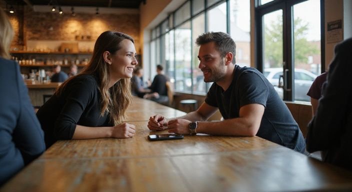 Eine Frau lächelt engagiert in einem belebten Café-Gespräch. Eine Frau lächelt engagiert in einem belebten Café-Gespräch.