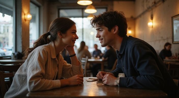 Zwei junge Erwachsene genießen einen intimen Moment in einem Café. Zwei junge Erwachsene genießen einen intimen Moment in einem Café.