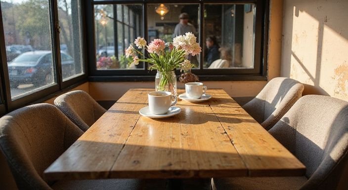 Ein gemütliches Café mit schlichten Möbeln und dampfenden Kaffeetassen. Ein gemütliches Café mit schlichten Möbeln und dampfenden Kaffeetassen.