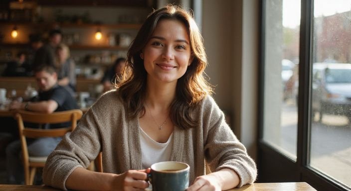 Eine Frau in einem Café genießt entspannt ihren Kaffee. Eine Frau in einem Café genießt entspannt ihren Kaffee und wollen Heimlich flirten.