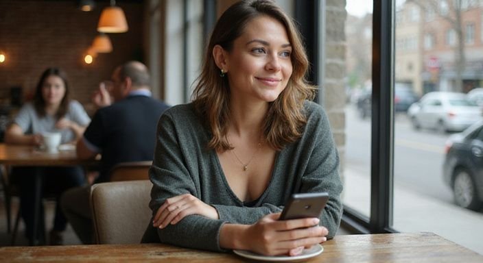 Eine entspannte Frau sitzt an einem Tisch in einem Café. Eine entspannte Frau sitzt an einem Tisch in einem Café und wollen heimlich flirten.