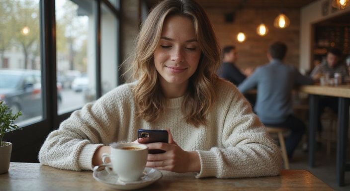 Eine lächelnde Frau in einem gemütlichen Café mit Smartphone. Eine lächelnde Frau in einem gemütlichen Café mit Smartphone.