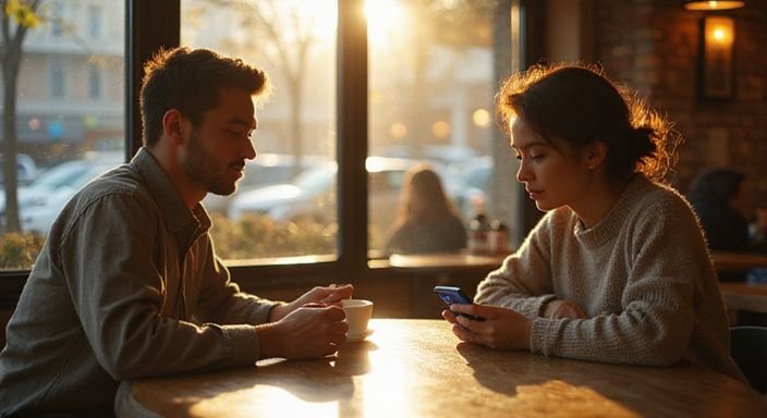 Zwei junge Personen in einem Café teilen einen stillen Moment. Zwei junge Personen in einem Café teilen einen stillen Moment.