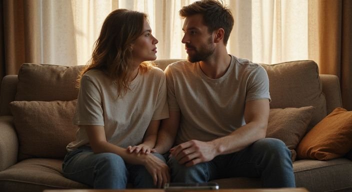 Ein Paar sitzt entspannt und in liebevoller Verbindung auf einem Sofa. Ein Paar sitzt entspannt und in liebevoller Verbindung auf einem Sofa und wollen Heimlich flirten.