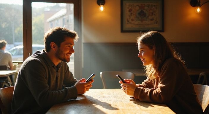 Ein Mann und eine Frau lachen und genießen ihre Zeit im Café. Ein Mann und eine Frau lachen und genießen ihre Zeit im Café.
