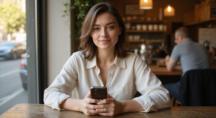 Eine Frau in einem Café mit entspannter Körpersprache und iPhone. Eine Frau in einem Café mit entspannter Körpersprache und iPhone.