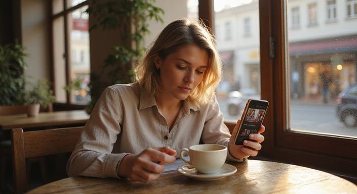 Eine nachdenkliche Frau nutzt eine Dating-App für Schweizer Hausfrauen Sexkontakt in einem Café.