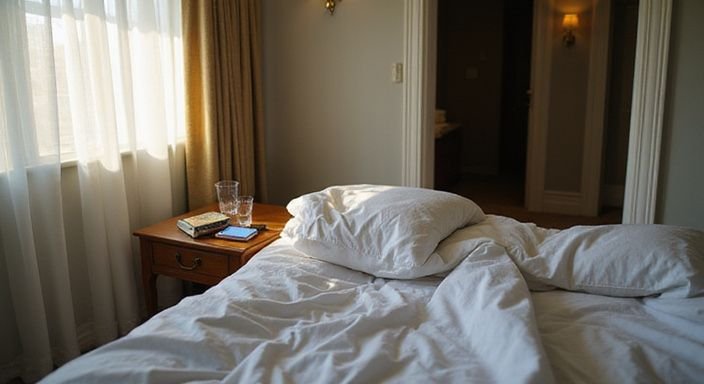 Ein ungemachtes Hotelzimmer mit persönlichen Gegenständen und offener Tür.