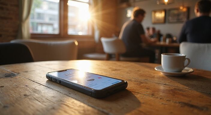 Ein Smartphone mit Sicherheits-App auf einem Holztablett in einem Café.