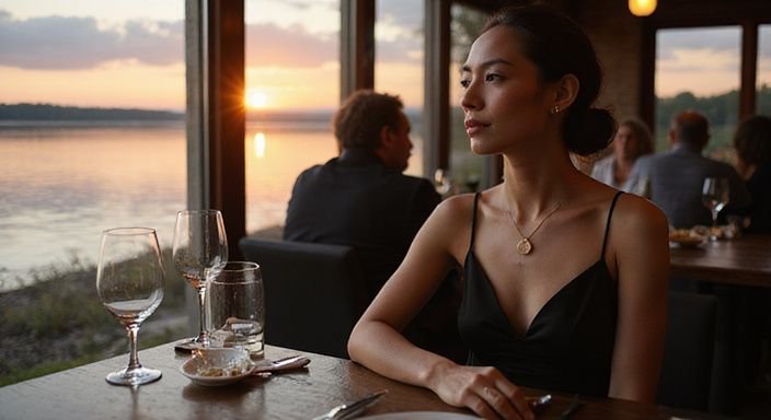 Eine nachdenkliche Frau in einem eleganten schwarzen Abendkleid. Eine nachdenkliche Frau in einem eleganten schwarzen Abendkleid.